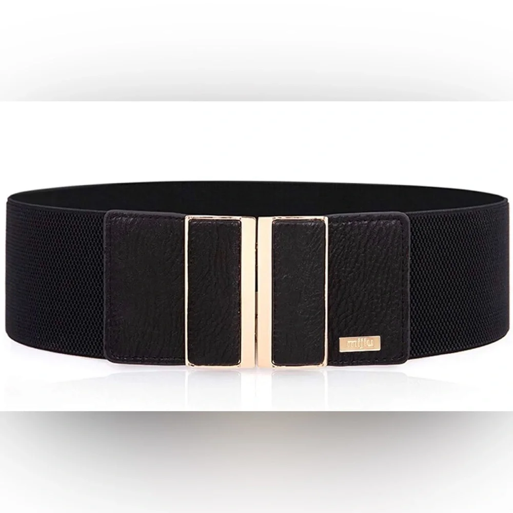 Mijiu Black Wide Hook Closure Faux Leather Elastic Belt